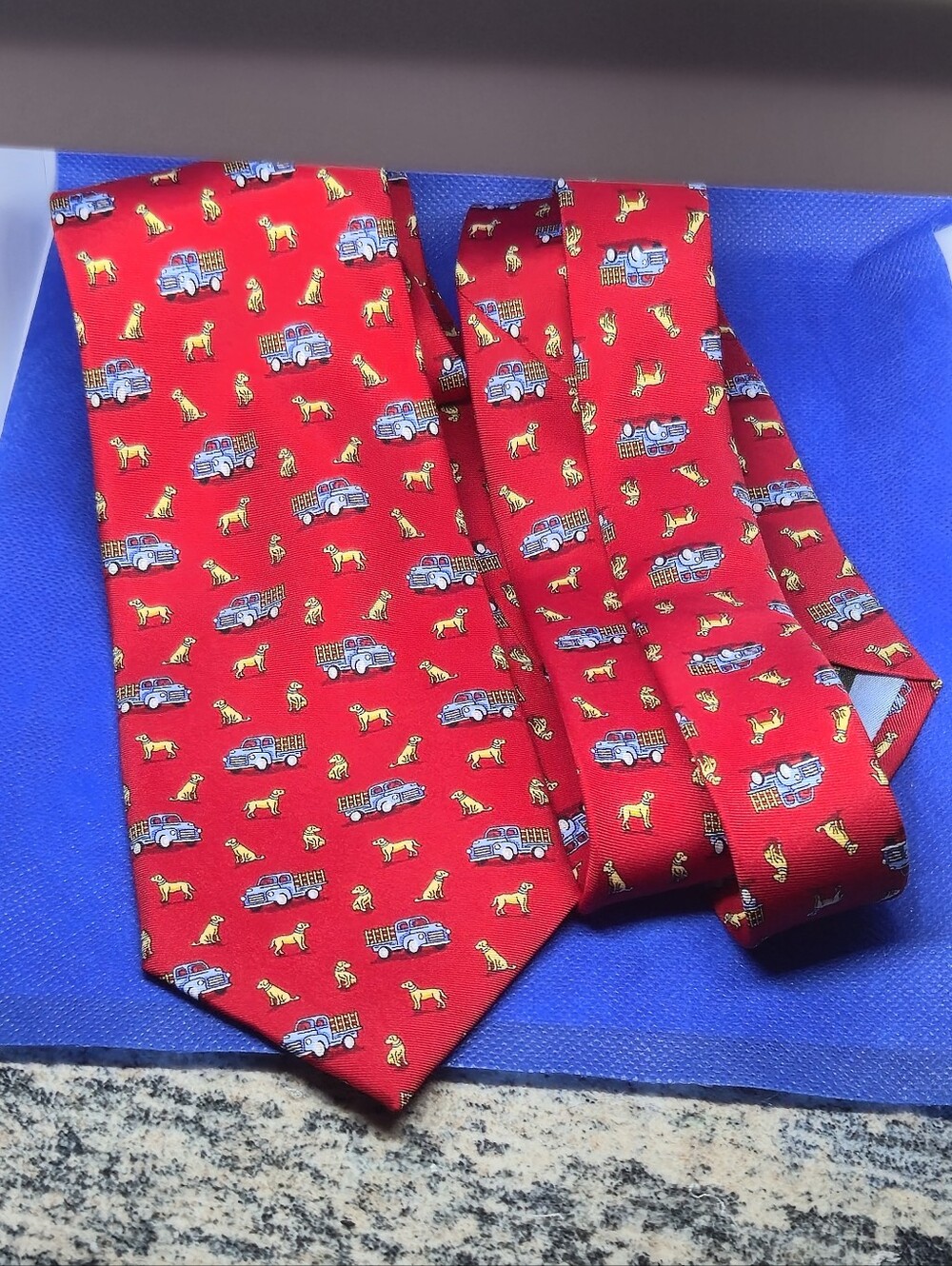 Bird Dog Bay Silk Tie Red Dogs Love Trucks Yellow Labs Blue Pickup Trucks USA